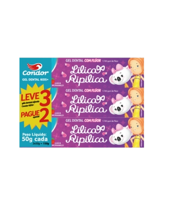 Gel Dental Condor Lilica Ripilica com Flúor Kids+ 50g Promocional Leve 3 Pague2