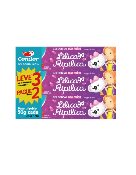 Gel Dental Condor Lilica Ripilica com Flúor Kids+ 50g Promocional Leve 3 Pague2