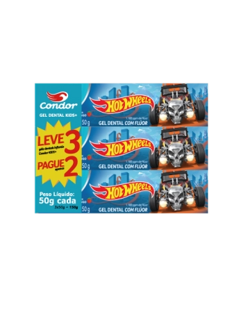 Gel Dental Condor Hot Wheels com Flúor Kids+ 50g Promocional Leve 3 Pague2