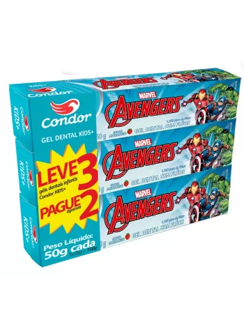 Gel Dental Condor Avengers com Flúor Kids+ 50g Promocional Leve 3 Pague2