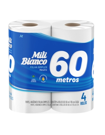 Mili Bianco Papel Higiênico 60m Folha Simples Neutro 4 Rolos