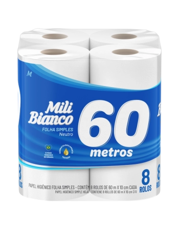 Mili Bianco Papel Higiênico 60m Folha Simples Neutro 8 Rolos