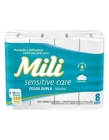 Mili Sensitive Care Papel Higiênico Folha Dupla Neutro 30m 8 Rolos