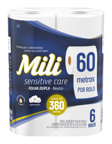 Mili Sensitive Care Papel Higiênico Folha Dupla Neutro 60m 6 Rolos