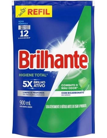 LAVA-ROUPAS LÍQUIDO BRILHANTE HIGIENE TOTAL SACHÊ 900ML REFIL 