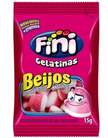 Bala de Gelatina Mini Beijos de Morango Fini com 12 Pacotes de 15g